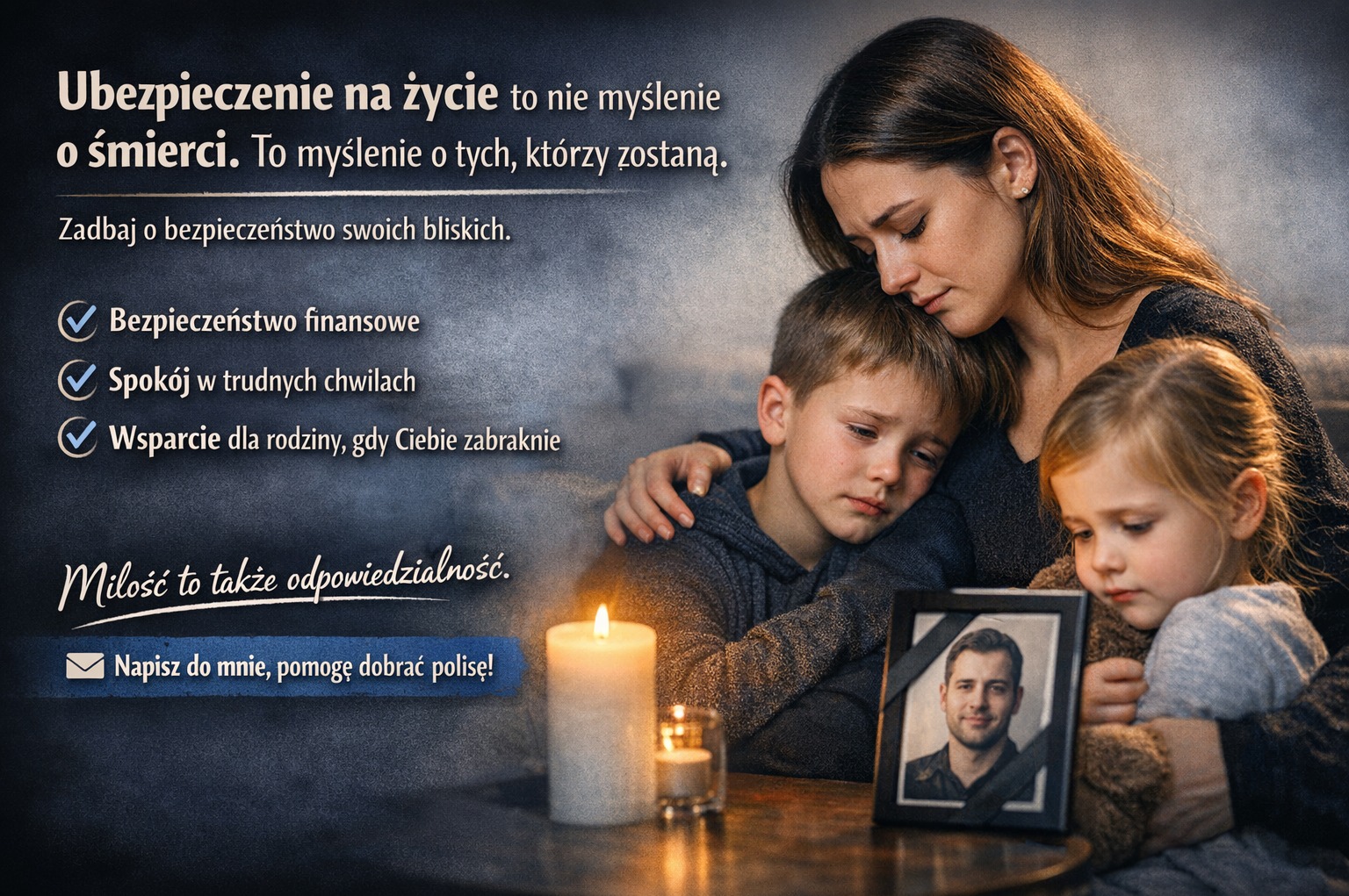 Matka z dwójką dzieci przytulona, spogląda na zdjęcie zmarłego ojca. Świeca płonie obok. Koncepcja ubezpieczenia na życie, zapewniającego bezpieczeństwo rodzinie.