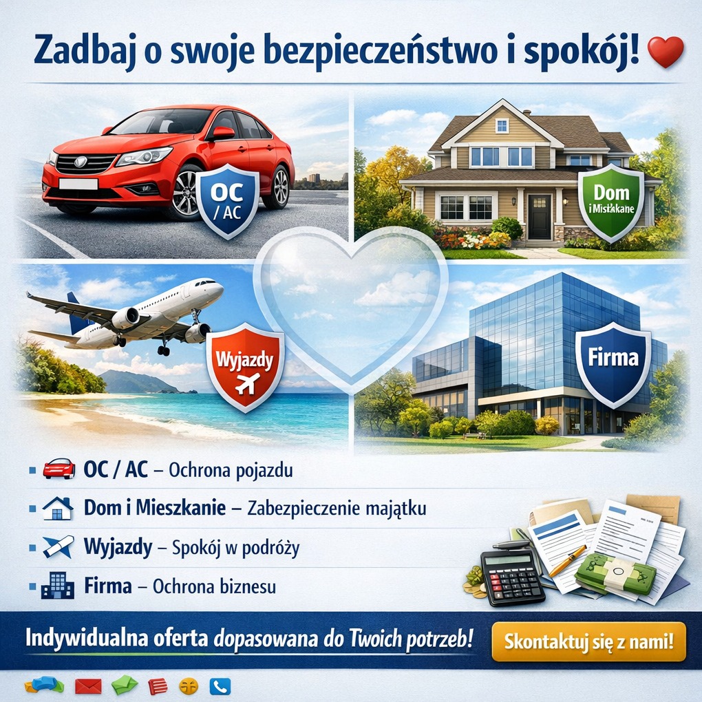 Ilustracja graficzna przedstawiająca kolaż: samochód, dom, samolot i biurowiec, symbolizujące różne rodzaje ubezpieczeń, z hasłem o bezpieczeństwie i spokoju.