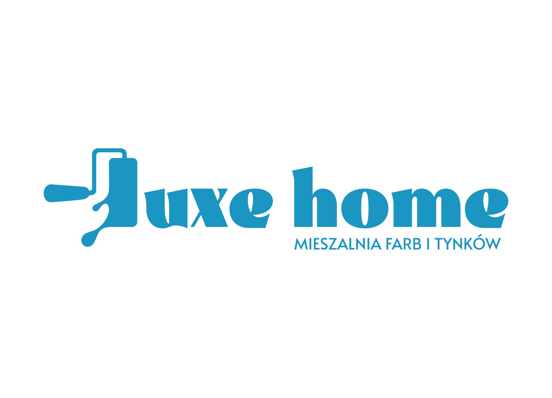 Niebieskie logo 'Luxe home' z wałkiem malarskim i dopiskiem 'Mieszalnia Farb i Tynków'.