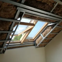 Ocieplenie poddasza wełną mineralną, widoczna konstrukcja metalowa pod płyty karton gips, okno dachowe uchylone, widok z dołu na sufit.