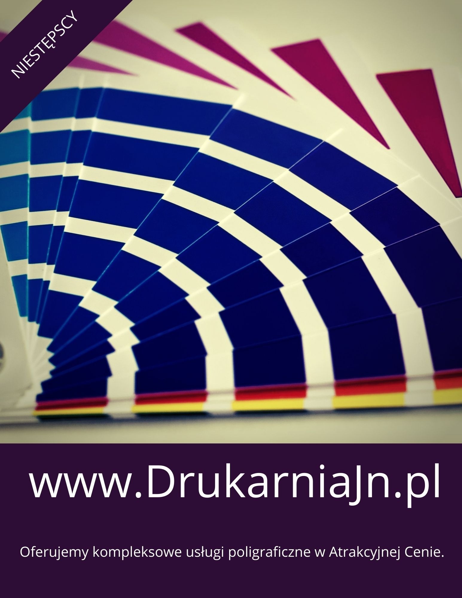 Paleta kolorów z próbkami niebieskich, różowych, żółtych i czerwonych odcieni, ułożona wachlarzowo na jasnym tle. Na dole widoczny adres strony internetowej drukarni.