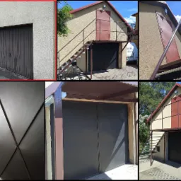 Zestawienie zdjęć prezentujących różne ujęcia dwukondygnacyjnego garażu z metalowymi schodami zewnętrznymi prowadzącymi do drzwi na piętrze, oraz zbliżenia bram garażowych w kolorze ciemnego brązu...