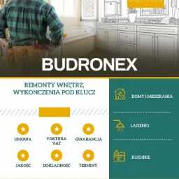 Grafika reklamowa firmy Budronex z wizualizacją łazienki w tle, prezentująca usługi remontowe i wykończeniowe wnętrz.