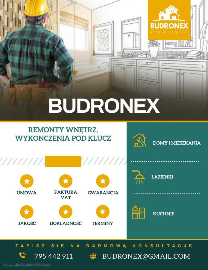 Grafika reklamowa firmy Budronex z wizualizacją łazienki w tle, prezentująca usługi remontowe i wykończeniowe wnętrz.