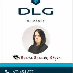 Wizytówka z logo DLG, imieniem Beata Beauty Style, zdjęciem kobiety i danymi kontaktowymi.