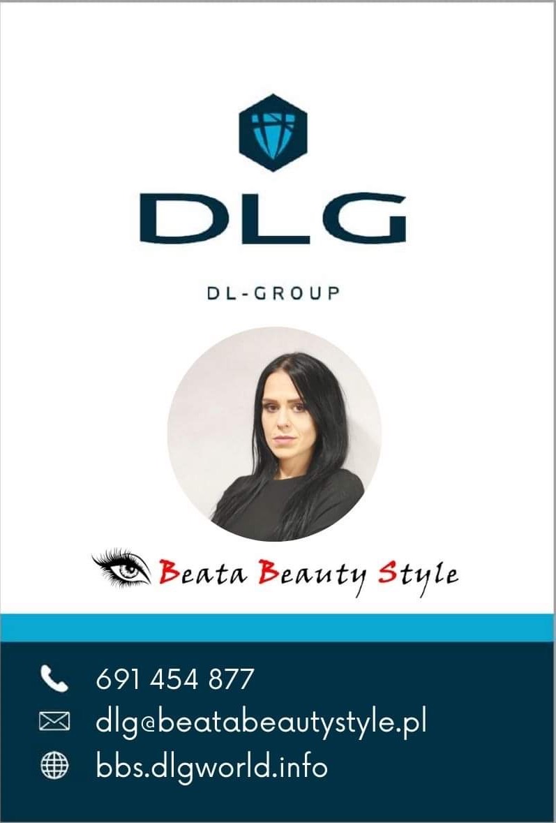 Wizytówka z logo DLG, imieniem Beata Beauty Style, zdjęciem kobiety i danymi kontaktowymi.