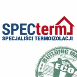 Logo firmy SpecTerm - specjaliści termoizolacji, z symbolem domu z czerwoną strzałką w górnej części litery 'm' oraz zielona pieczęć '100% ECO Building Material'.