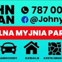 Reklama mobilnej myjni parowej John Clean z numerem telefonu, adresem Facebooka i piktogramami usług: tapicerki, samochody, elewacje, kostka brukowa, nagrobki.