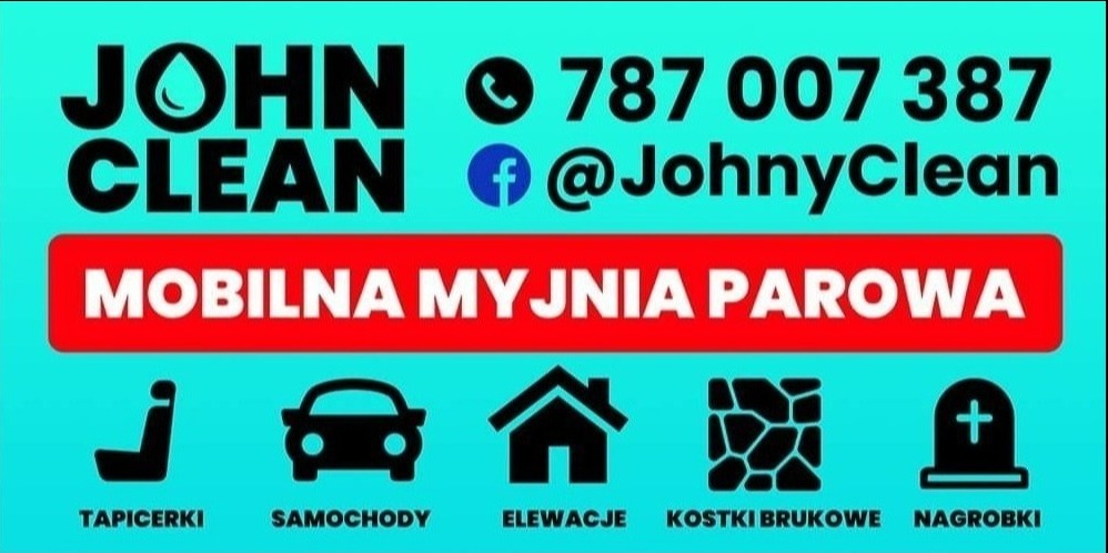 Reklama mobilnej myjni parowej John Clean z numerem telefonu, adresem Facebooka i piktogramami usług: tapicerki, samochody, elewacje, kostka brukowa, nagrobki.