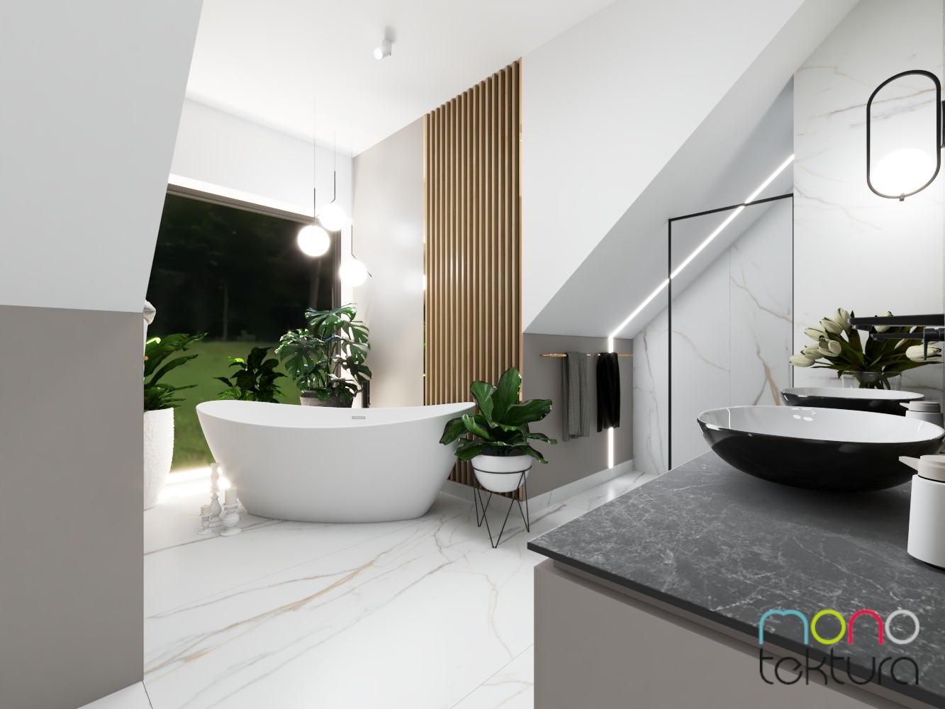 Nowoczesna łazienka na poddaszu z wolnostojącą wanną, marmurową posadzką, drewnianą ścianką działową i roślinami doniczkowymi.
