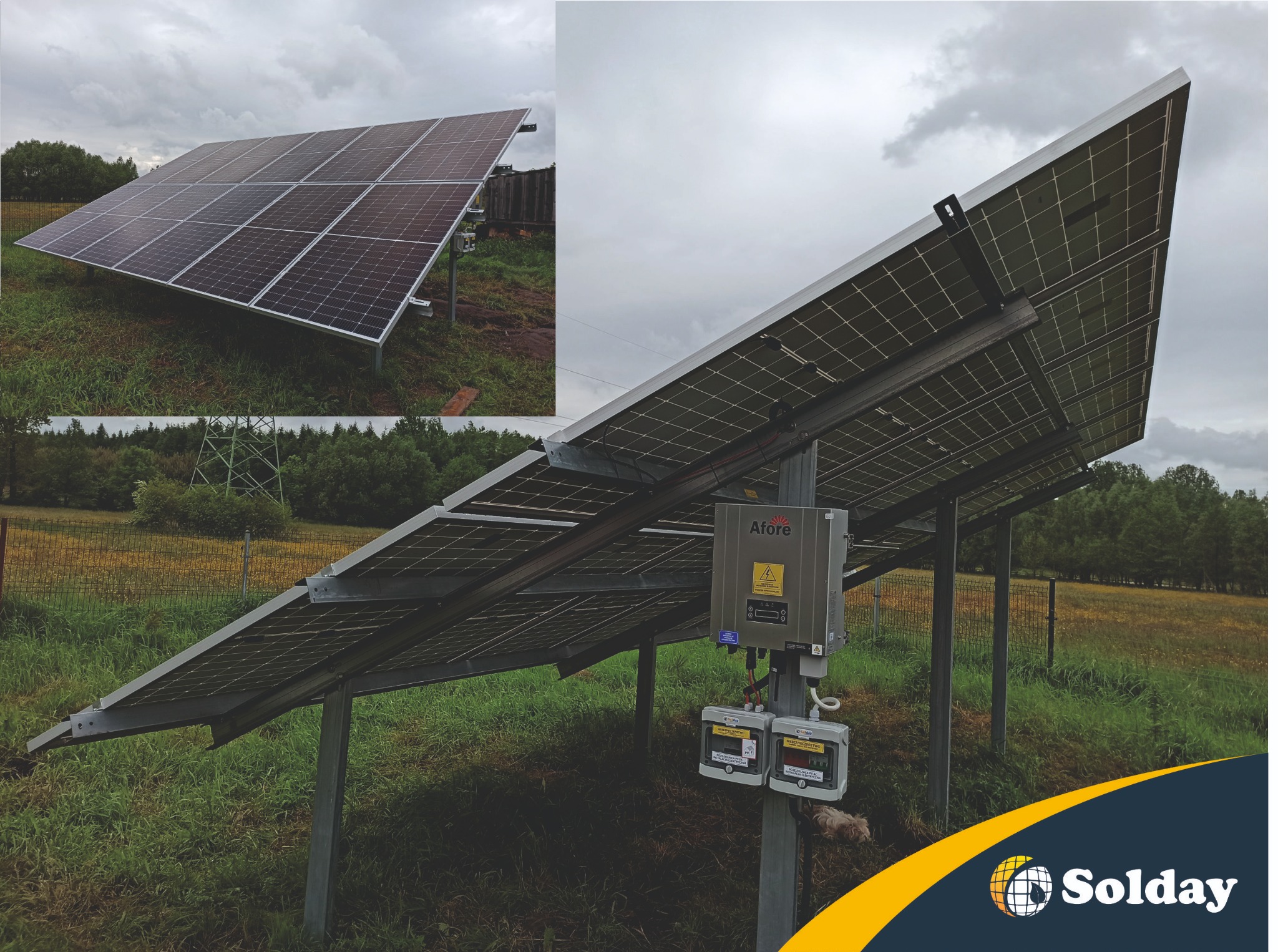 Instalacja paneli słonecznych na łące z widocznym inwerterem Afore i licznikami energii, pochmurne niebo w tle.