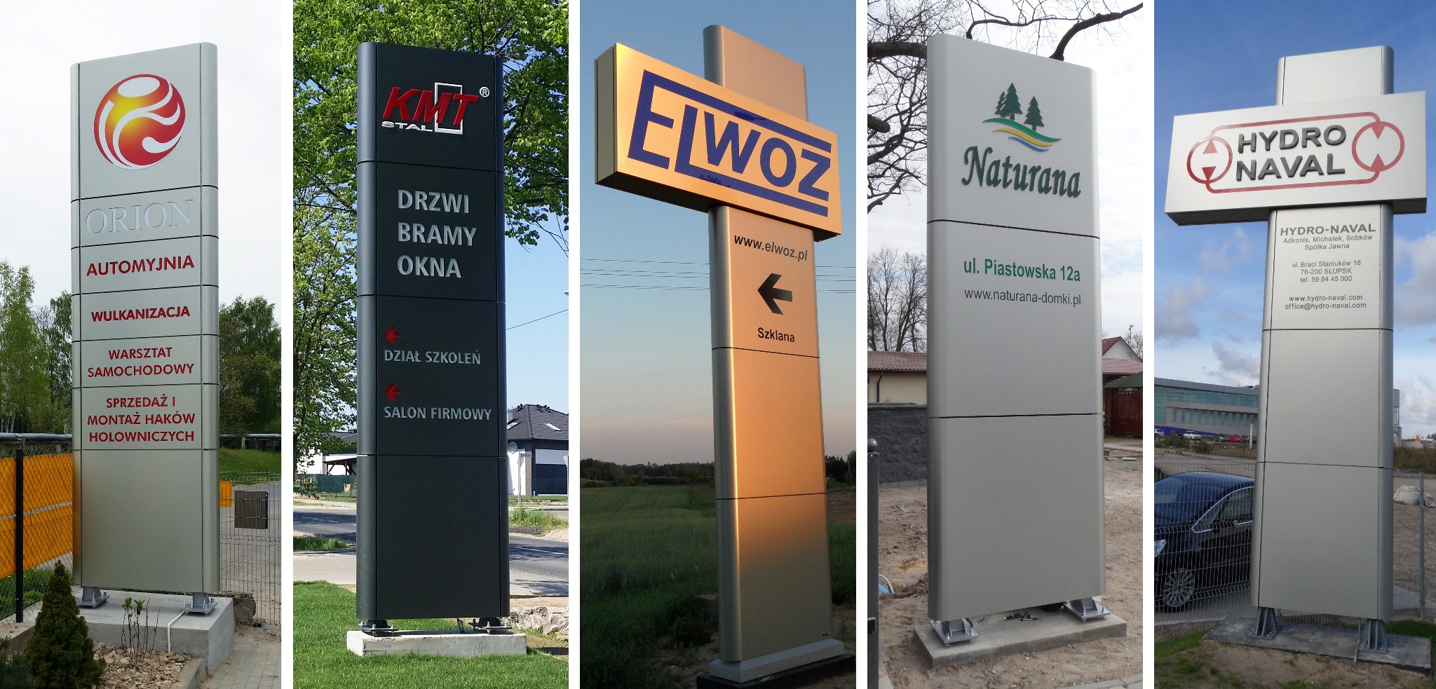 Zestawienie pionowych pylonów reklamowych z nazwami firm i oferowanych usług, umieszczonych na zewnątrz budynków.