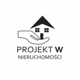 Minimalistyczny, czarno-biały logotyp przedstawiający stylizowany dom w dłoni, z napisem 'PROJEKT W NIERUCHOMOŚCI'