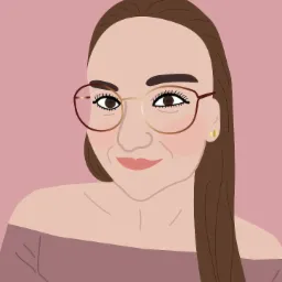 Ilustrowany portret kobiety w okularach o cienkich, dwukolorowych oprawkach, z długimi brązowymi włosami i złotymi kolczykami w kształcie serc, na różowym tle.