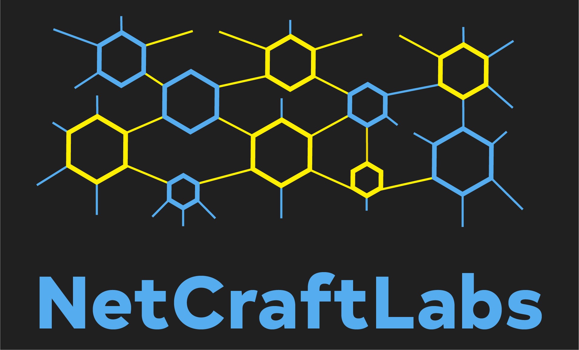 Logo NetCraftLabs przedstawia sieć połączonych sześciokątnych kształtów w kolorach niebieskim i żółtym na czarnym tle.