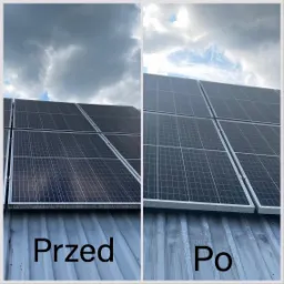 Porównanie paneli słonecznych przed i po czyszczeniu, widoczne różnice w czystości powierzchni i odzyskaniu blasku, pochmurne niebo w tle.