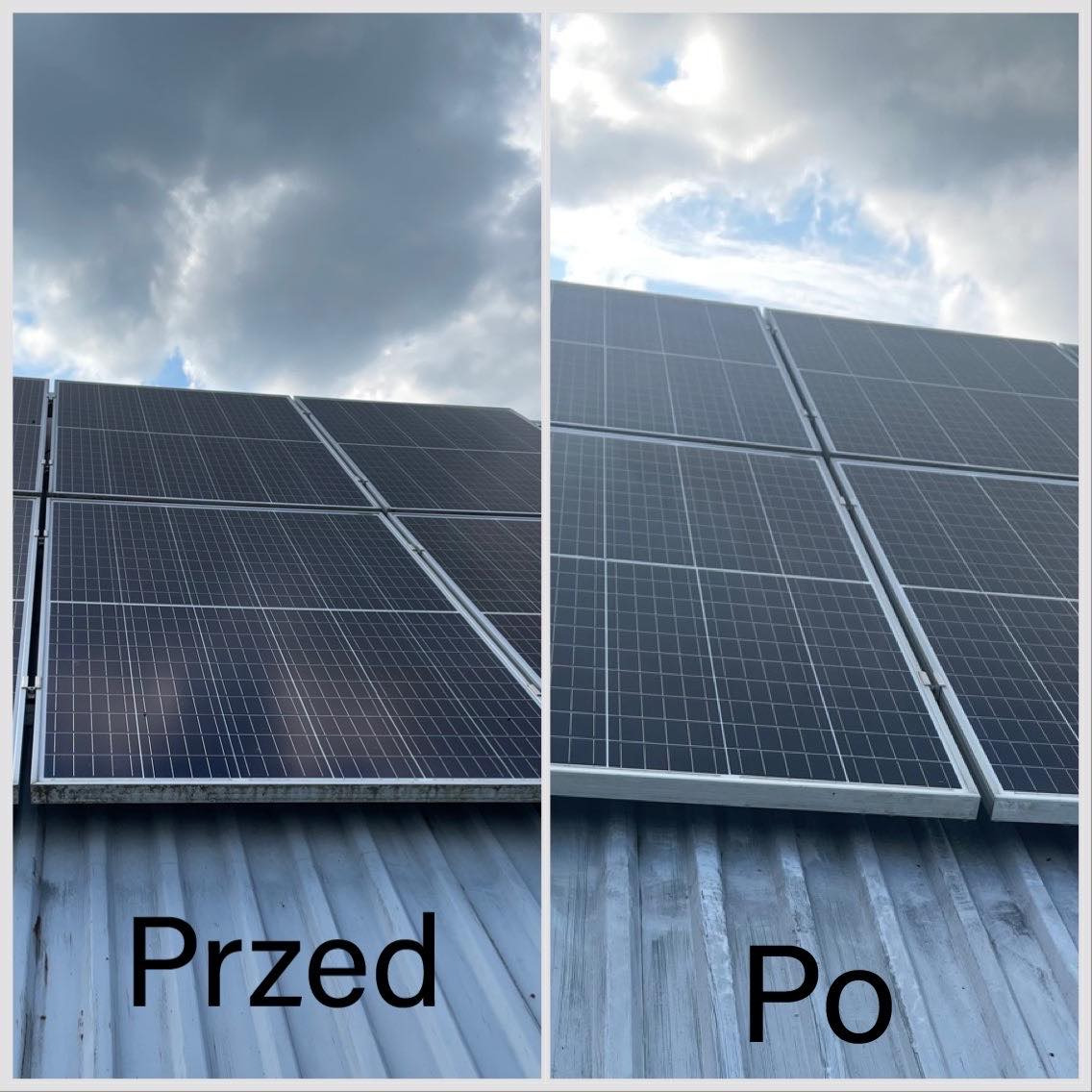 Porównanie paneli słonecznych przed i po czyszczeniu, widoczne różnice w czystości powierzchni i odzyskaniu blasku, pochmurne niebo w tle.