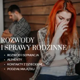 Para siedząca na kanapie, kobieta z rudymi włosami płacze, mężczyzna odwrócony tyłem, tekst 'Rozwody i sprawy rodzinne, rozwód i separacja, alimenty, kontakty z dzieckiem, podział majątku'.