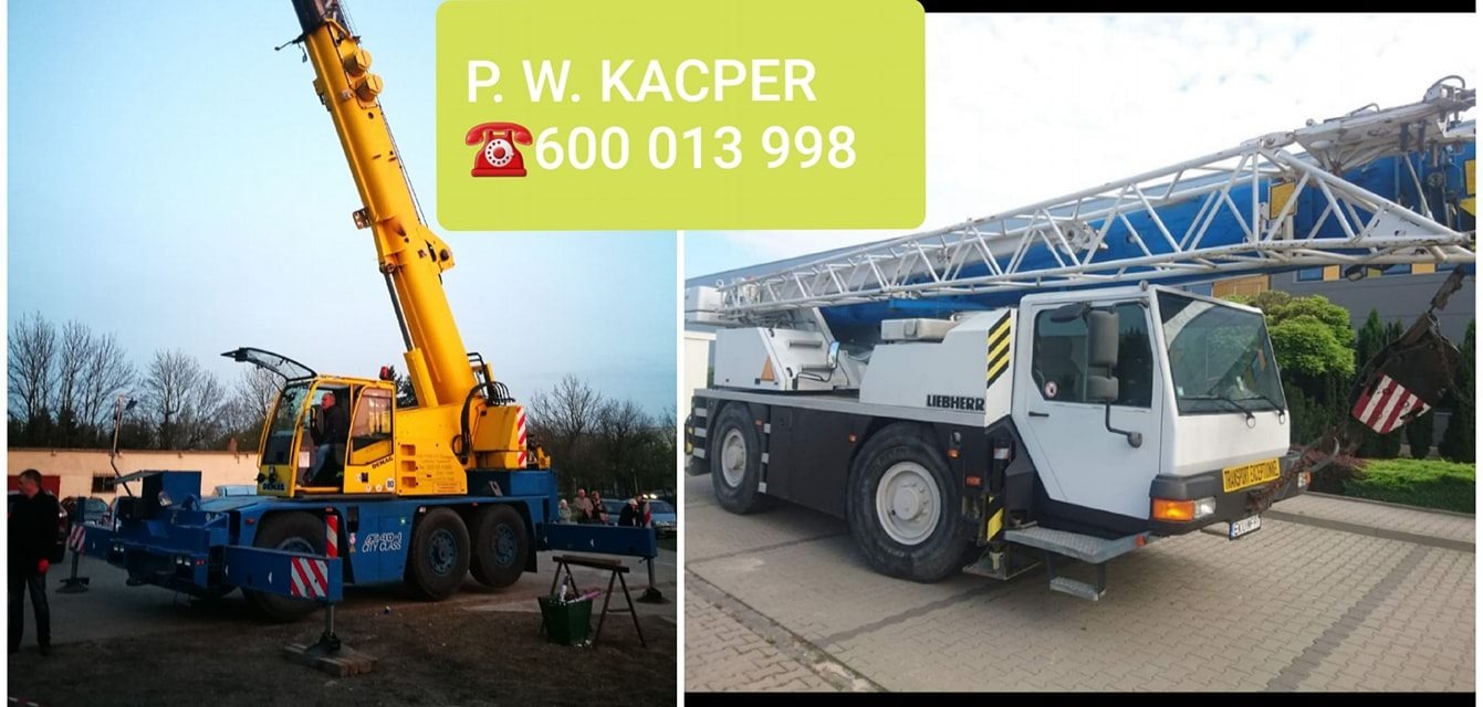 Żółto-niebieski dźwig samojezdny Demag AC 40-1 City Class z operatorem w kabinie, na tle drzew i nieba, obok biały dźwig Liebherr, z numerem telefonu kontaktowym na zielonym tle.