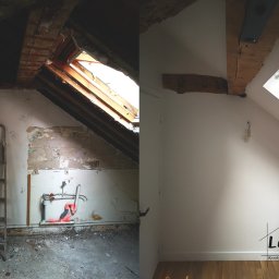 LukArt Łukasz Linczowski - Porównanie stanu poddasza przed i po: po lewej surowe wnętrze z odsłoniętą instalacją, drabina, ściany w trakcie przygotowania; po prawej wykończone pomieszczenie z gładkimi ścianami, drewnianą...