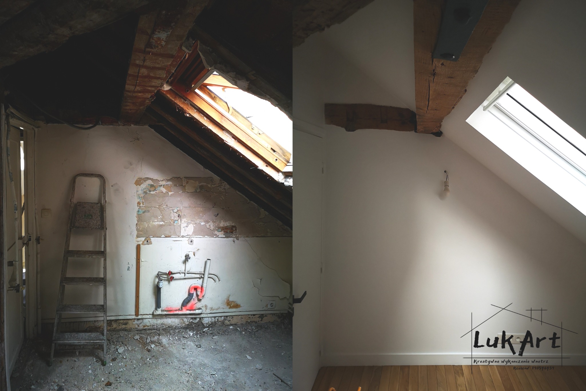 Porównanie stanu poddasza przed i po: po lewej surowe wnętrze z odsłoniętą instalacją, drabina, ściany w trakcie przygotowania; po prawej wykończone pomieszczenie z gładkimi ścianami, drewnianą...