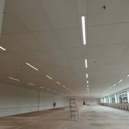 AR-TEX - Rozległe wnętrze biurowe z rzędem długich, liniowych lamp LED w suficie podwieszanym, drabina aluminiowa po lewej stronie, duże okna wzdłuż ściany po prawej stronie.