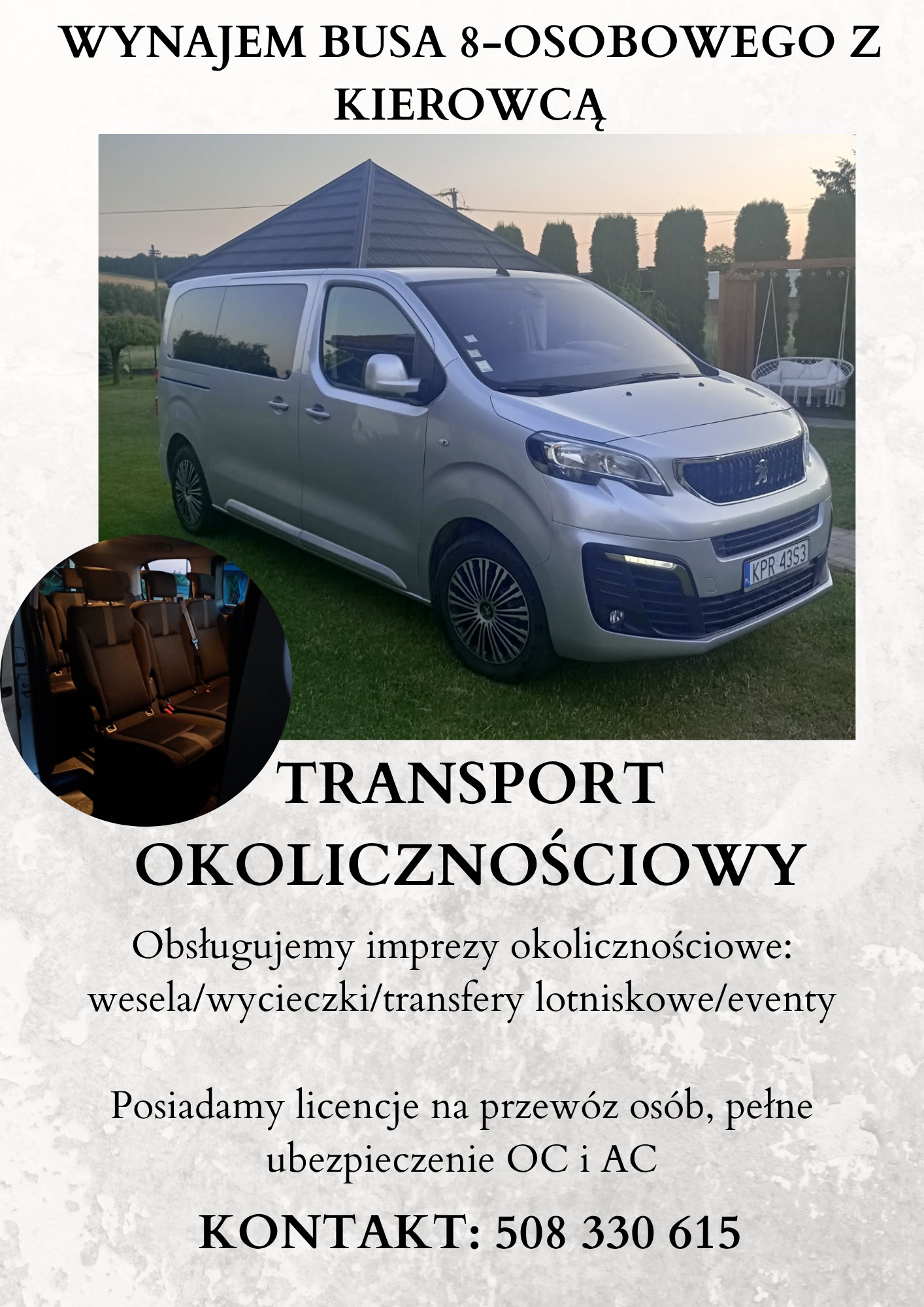 Srebrny bus 8-osobowy Peugeot z kierowcą na tle zieleni. Reklama wynajmu na imprezy okolicznościowe, transfery i wycieczki. Widoczne wnętrze pojazdu.