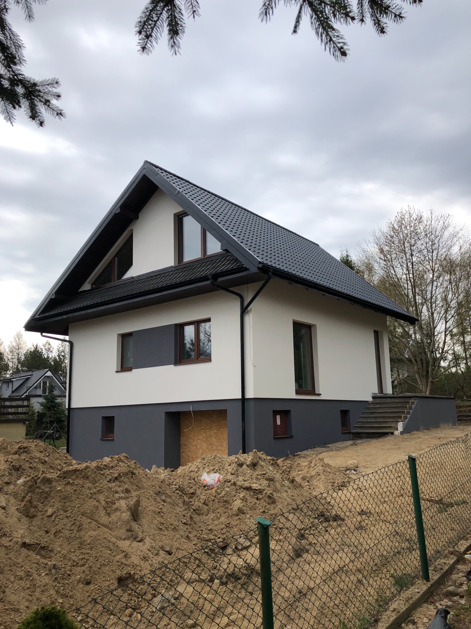 Nowoczesny dom jednorodzinny z grafitowym dachem z blachodachówki, widoczne rynny i obróbki blacharskie, teren wokół domu w trakcie prac ziemnych, w tle drzewa i pochmurne niebo.