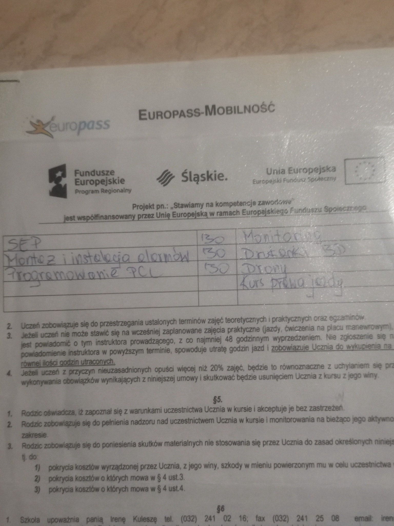 Dokument z spisem 6 kursów odbytych i zakończonych z programu Unii Europejskiej