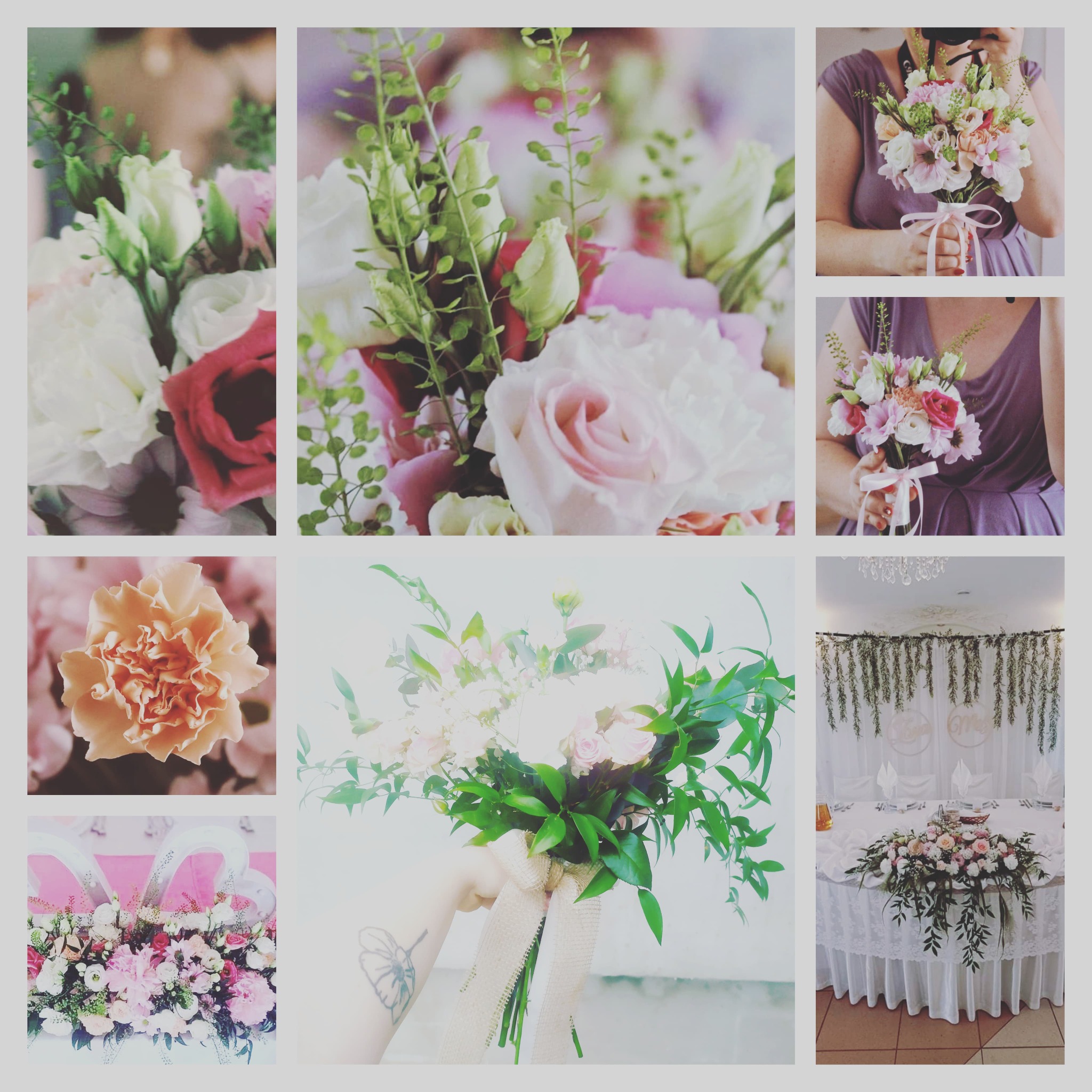 Kolaż zdjęć bukietów ślubnych i dekoracji stołu weselnego, utrzymanych w pastelowej kolorystyce, z przewagą różu i bieli, w tym zbliżenie na dłoń z tatuażem trzymającą bukiet z jutowym wiązaniem.