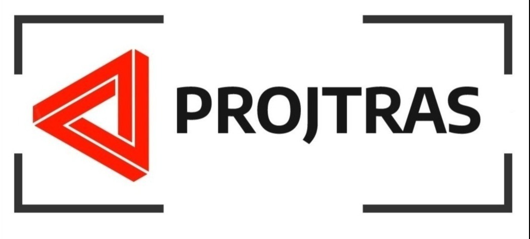 Logo firmy PROJTRAS z czerwonym, abstrakcyjnym symbolem trójkąta w czarnej ramce.