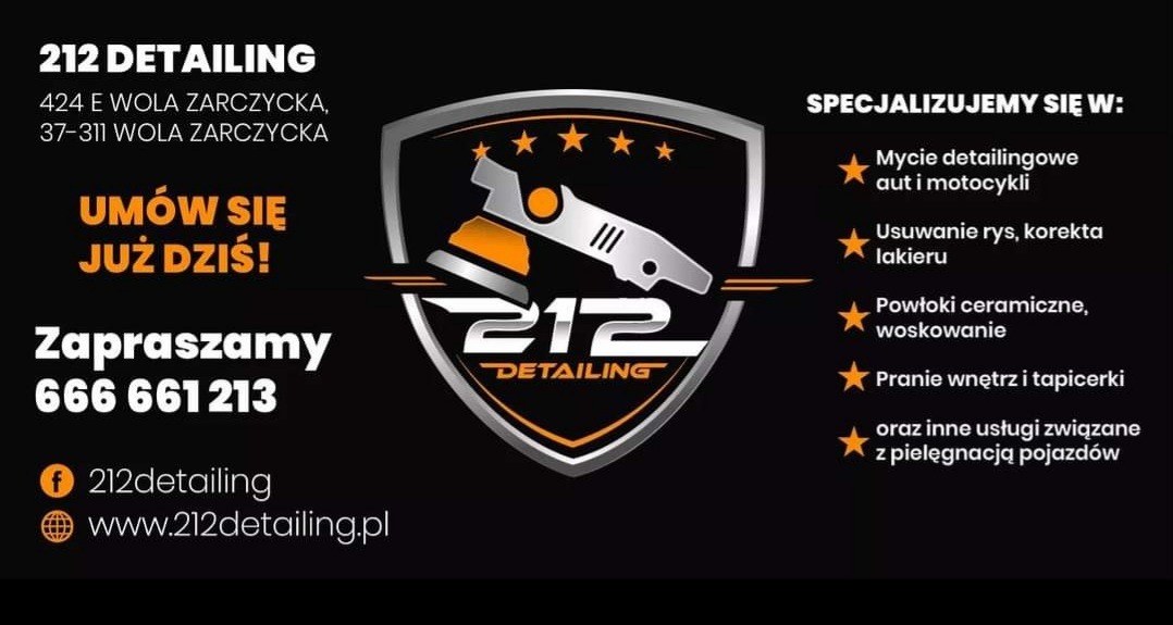 Logo firmy detailingowej 212 z polerką samochodową w tarczy, oferującej mycie detailingowe, korektę lakieru, powłoki ceramiczne, woskowanie oraz pranie wnętrz i tapicerki pojazdów. Kontakt...
