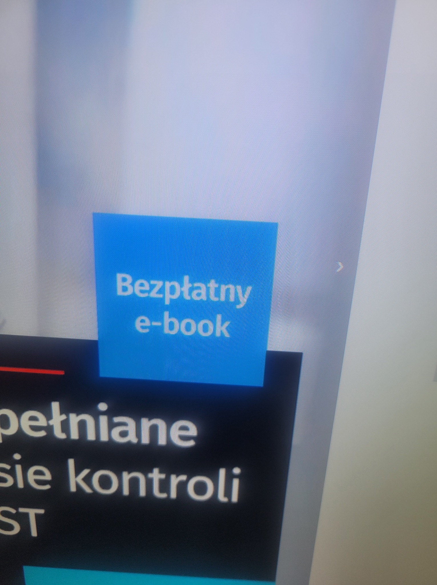 Ekran komputera z fragmentem strony internetowej oferującej darmowy e-book. Widoczny niebieski baner z białym napisem 'Bezpłatny e-book'.
