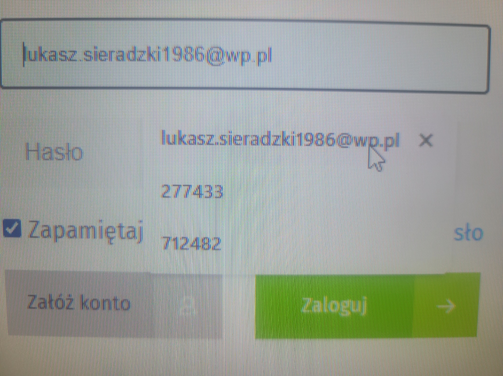Ekran logowania z wypełnionym adresem e-mail i hasłem, zaznaczoną opcją 'Zapamiętaj' oraz widocznym przyciskiem 'Zaloguj' z zielonym tłem.
