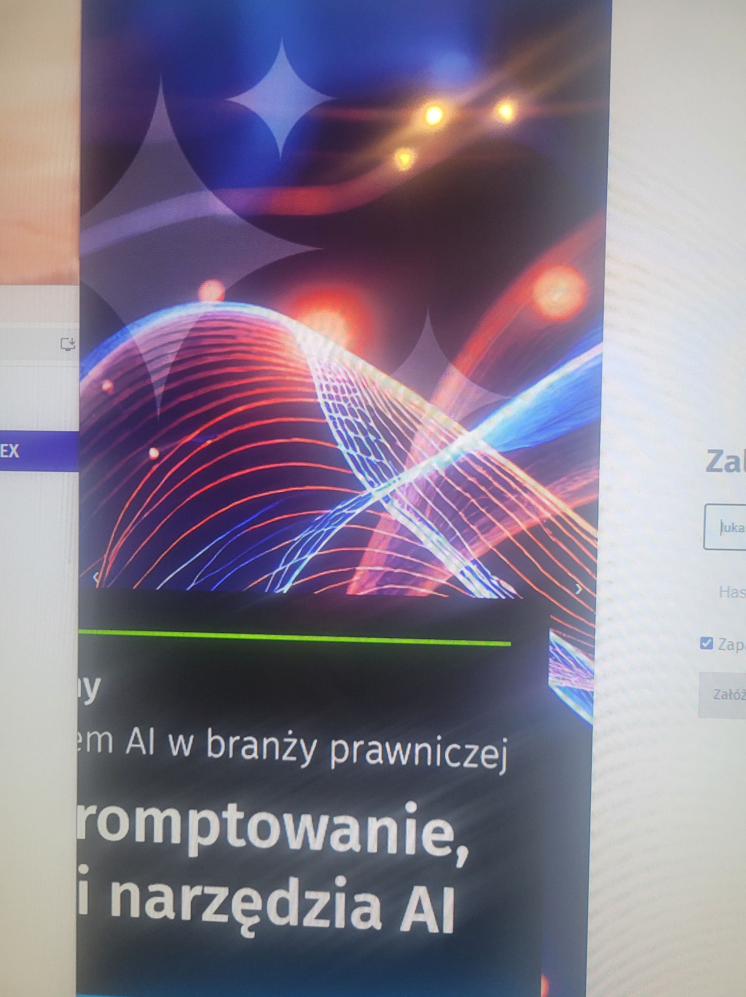 Ekran komputera z otwartą stroną internetową o tematyce AI w branży prawniczej, z abstrakcyjną grafiką w tle i widocznym fragmentem formularza rejestracyjnego.