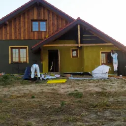 Dom w trakcie ocieplania: fragment elewacji pokryty zieloną wełną mineralną, druga część z drewnianą elewacją, pracownicy w kombinezonach ochronnych przy oknie, teren budowy z materiałami...