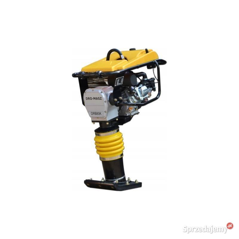 Żółto-czarna ubijarka wibracyjna DRO-MASZ DRB80K z silnikiem spalinowym, prezentowana na białym tle.