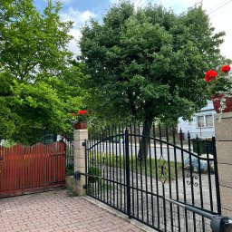 KLIMERA Michał Garbiec - Automatyczna brama wjazdowa z czarnego metalu, z widocznym siłownikiem, na tle zieleni i kostki brukowej. Na słupkach bramy donice z czerwonymi kwiatami.