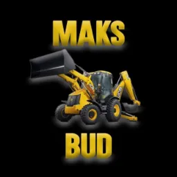 Grafika z żółtą koparko-ładowarką JCB na czarnym tle, z napisem 'MAKS' u góry i 'BUD' na dole, wykonana w stylu logo.