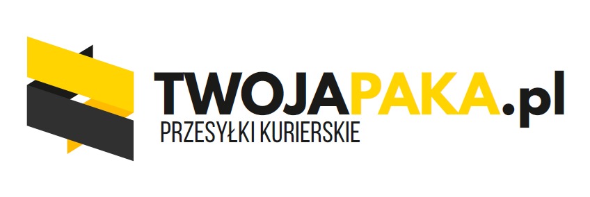 Logo firmy kurierskiej TwojaPaka.pl z abstrakcyjnym symbolem paczki w kolorach żółtym i czarnym.