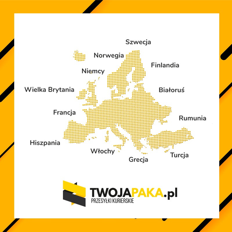 Mapa Europy z zaznaczonymi krajami i logo firmy kurierskiej TwojaPaka.pl w dolnej części.