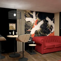 Wizualizacja wnętrza z czerwonym chesterfieldem, stołem barowym i tapetą z motywem żurawi, oświetlona ażurową lampą.