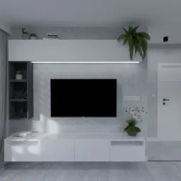 Nowoczesny salon w Dąbrowie Górniczej z szarą ścianą, białymi meblami RTV, telewizorem, półkami z dekoracjami, roślinami doniczkowymi i oświetleniem LED.