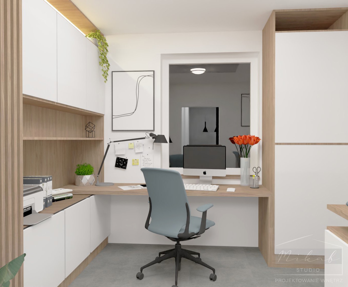 Wizualizacja domowego biura z minimalistycznym biurkiem, ergonomicznym krzesłem, komputerem iMac i dekoracyjnymi elementami: kwiatami, rośliną doniczkową i abstrakcyjnym obrazem.