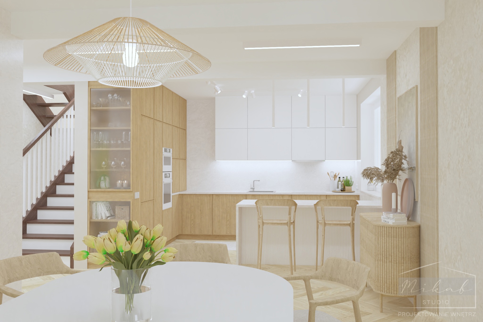 Wizualizacja wnętrza: jadalnia z okrągłym stołem i bukietem tulipanów, otwarta na kuchnię z wyspą i drewnianymi szafkami oraz schody z białymi balustradami, całość w jasnej, neutralnej kolorystyce.