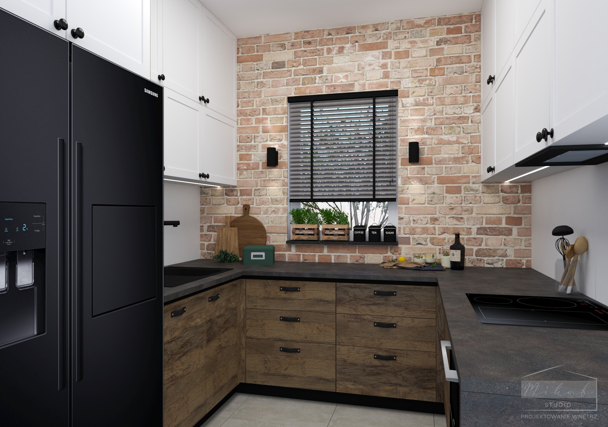 Wizualizacja kuchni w stylu rustykalnym z ceglaną ścianą, drewnianymi szafkami dolnymi z czarnymi uchwytami, białymi szafkami górnymi, czarną lodówką Samsung i czarnym blatem.