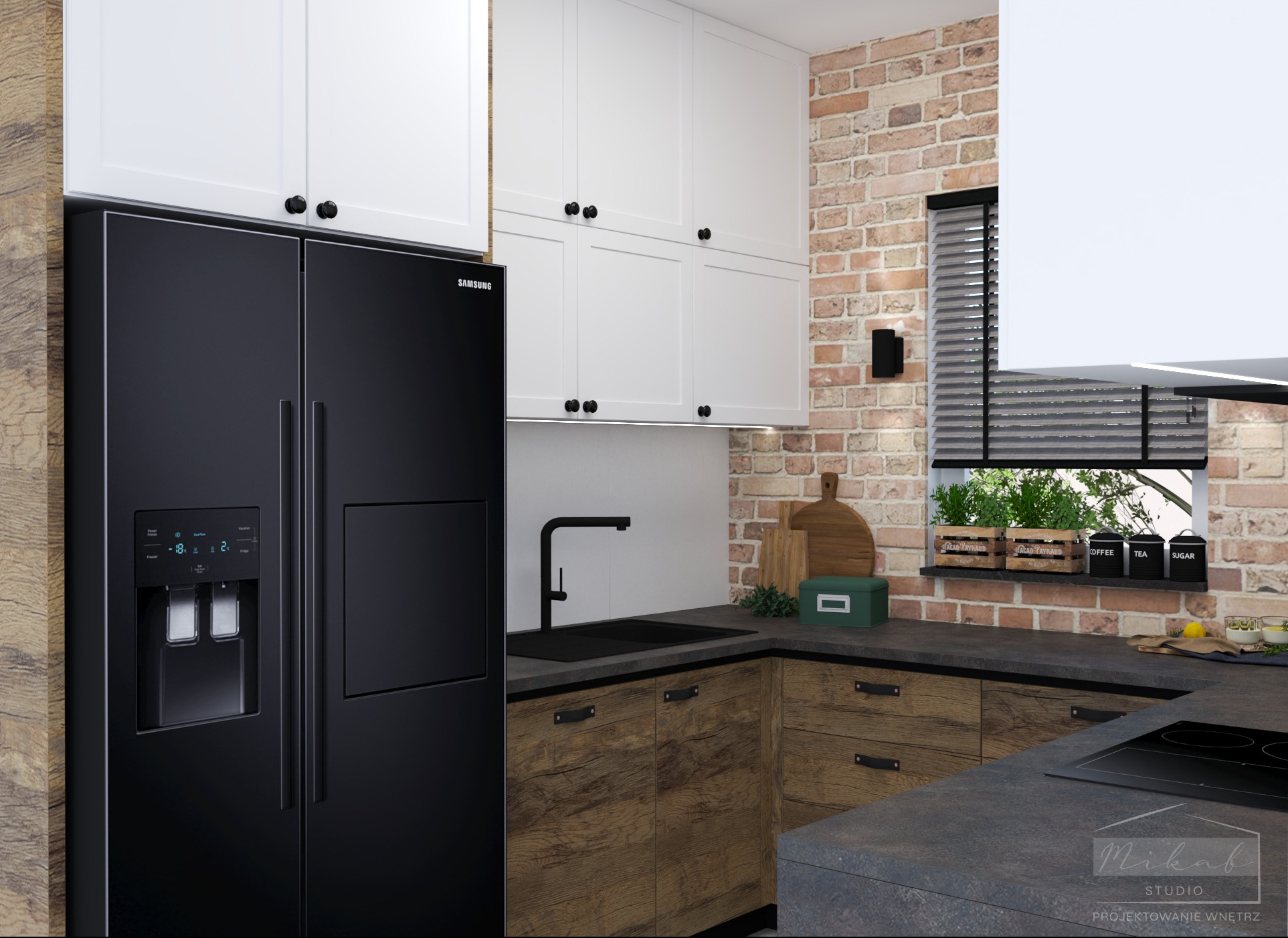 Wizualizacja kuchni w stylu rustykalnym z czarną lodówką Samsung side-by-side, białymi szafkami górnymi z czarnymi gałkami, drewnianymi szafkami dolnymi z ciemnymi uchwytami, ceglaną ścianą, oknem...