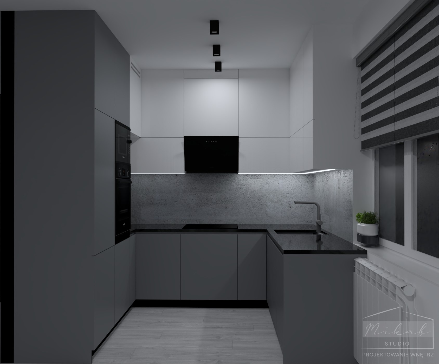 Wizualizacja nowoczesnej kuchni w odcieniach szarości i bieli z czarnymi akcentami, oświetleniem LED pod szafkami i roletami w oknie, z logo studia projektowania wnętrz w prawym dolnym rogu.