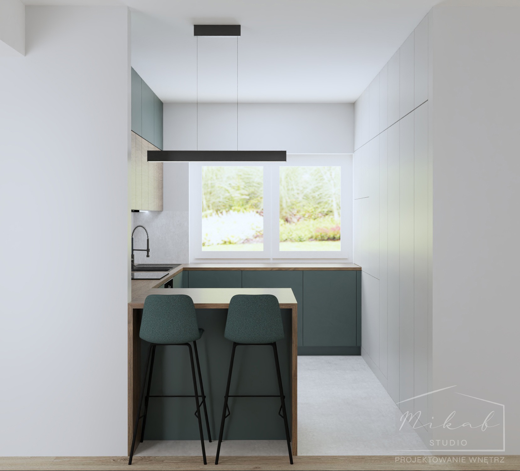 Wizualizacja nowoczesnej kuchni z zielonymi szafkami, wyspą z dwoma hokerami o ciemnozielonej tapicerce i długą, czarną lampą wiszącą nad oknem z widokiem na zieleń. Minimalistyczne, białe ściany...