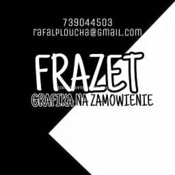 Czarno-białe logo 'FRAZET' z adresem e-mail i numerem telefonu na podzielonym tle.